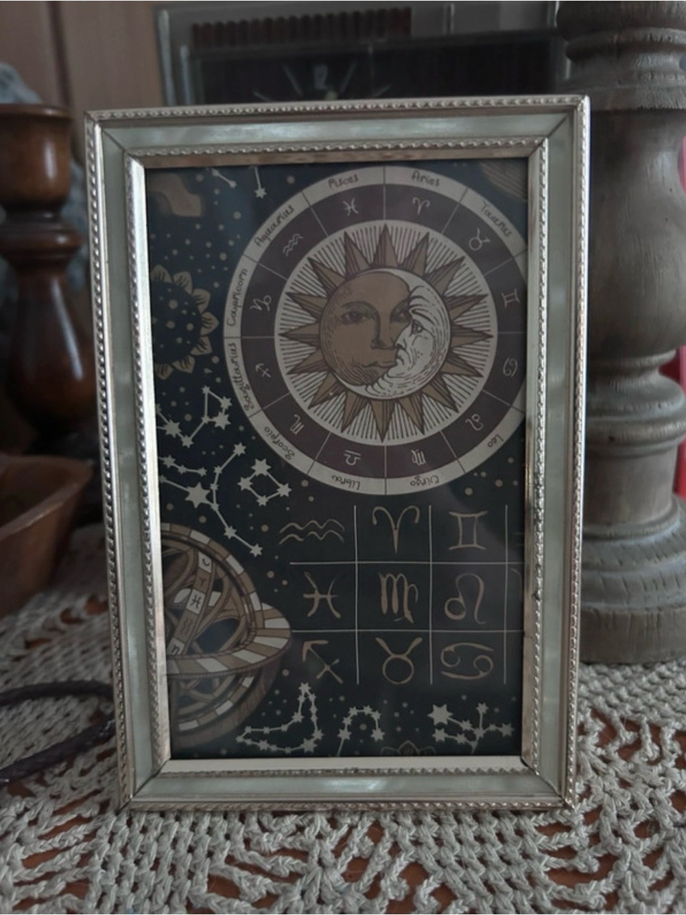 Celestial Astrology Sun & Moon Framed Art Pearlized Silver Frame 4x6